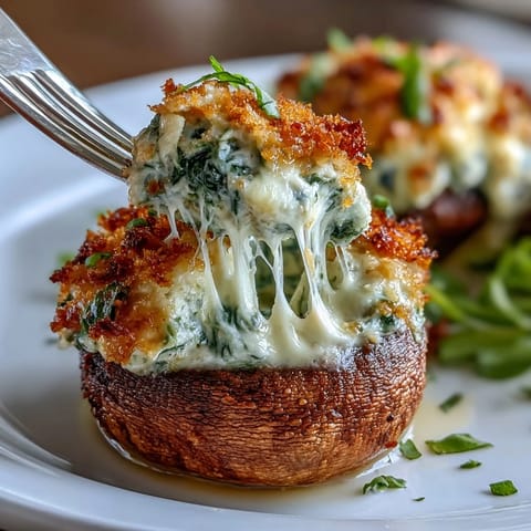 Spinach ricotta stuffed mushrooms baked to golden perfection, featuring tender caps filled with creamy spinach and herb-infused ricotta. A vegetarian appetizer bursting with flavor and elegance.
