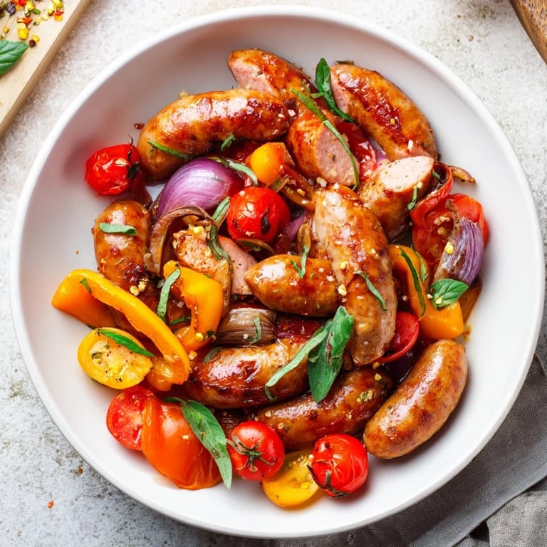 Golden-brown sausages mingle with colorful veggies, creating a delicious Basil-Boosted Sausage and Pepper Skillet Supper.