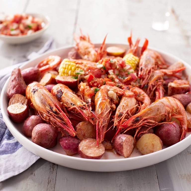 Close-up of a colorful Seaside-Inspired Shrimp Boil showcasing tender shrimp and vegetables after cooking.