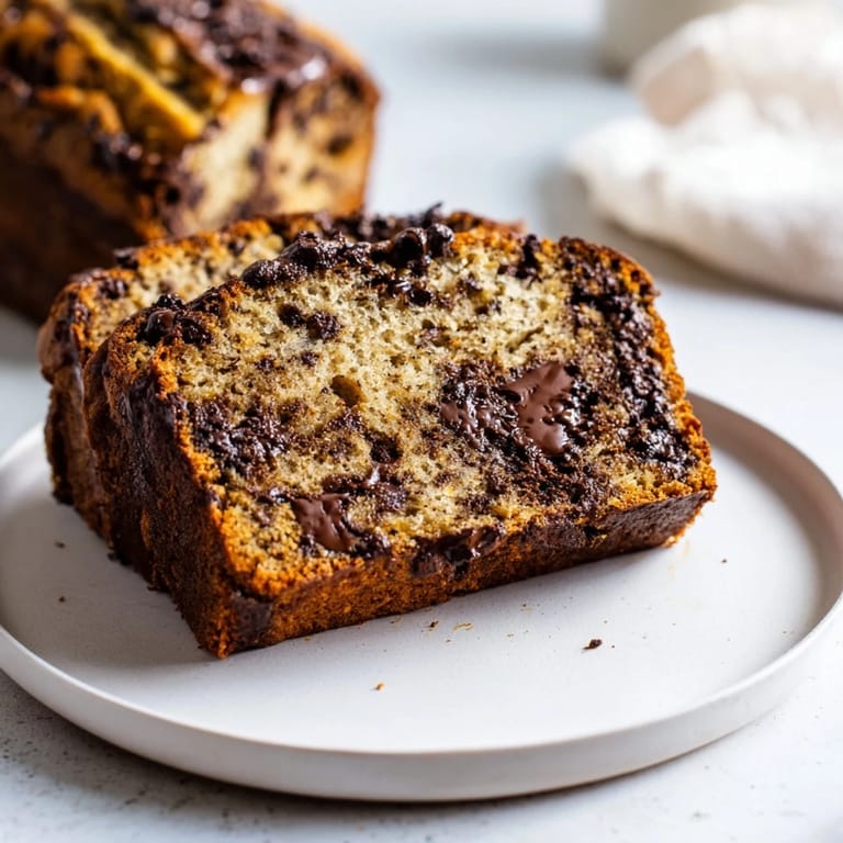 Golden crust Chocolate Chip Banana Bread, showcasing a slice ready to be enjoyed with coffee.