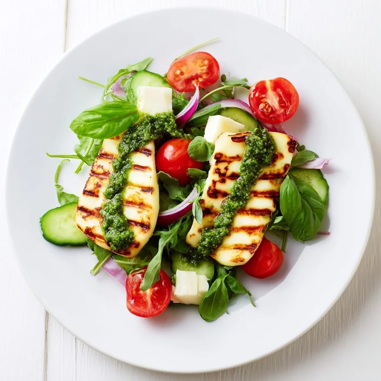 The delicious grilled halloumi is served with pesto sauce, creating a light, vegetarian dinner option.