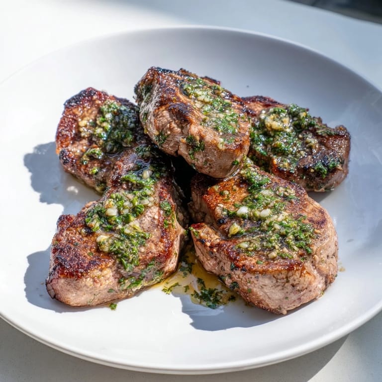 Vibrant photo: Delicious rustic mint weeknight pan-seared lamb chops with fresh mint sauce, ready to eat.
