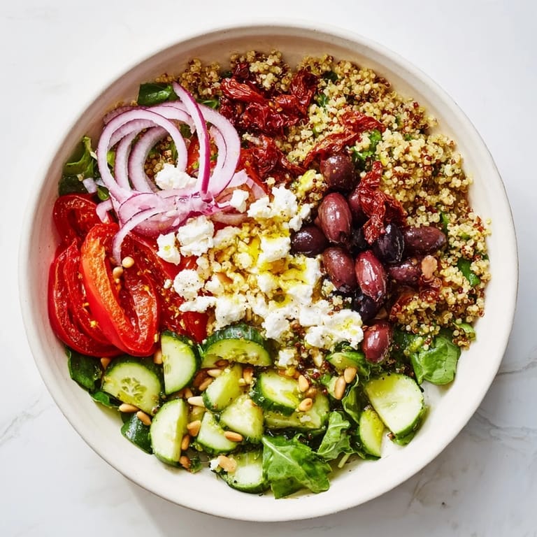 Vibrant Mediterranean Grain Bowl with fluffy quinoa, juicy tomatoes, and a bright lemon dressing.