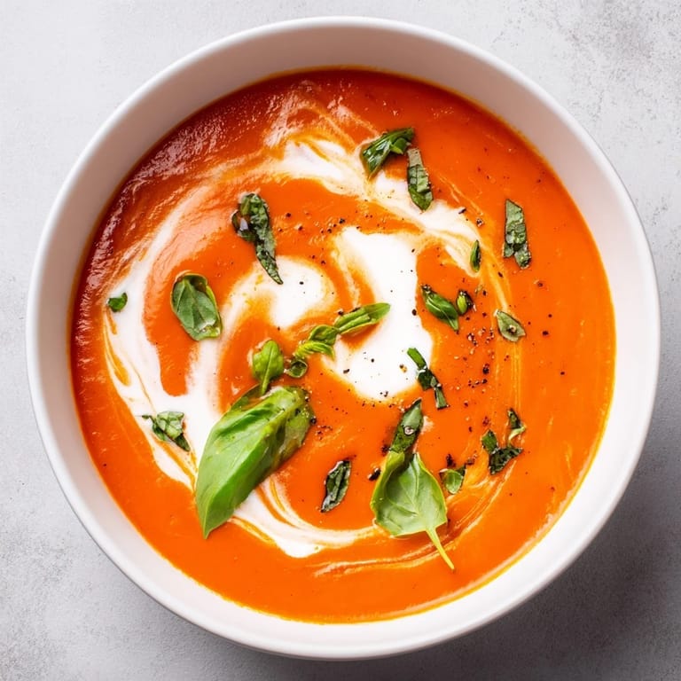 Enjoy a spoonful of rich, flavorful Whisked Weeknight Creamy Tomato and Basil Soup, perfect for a cozy dinner.