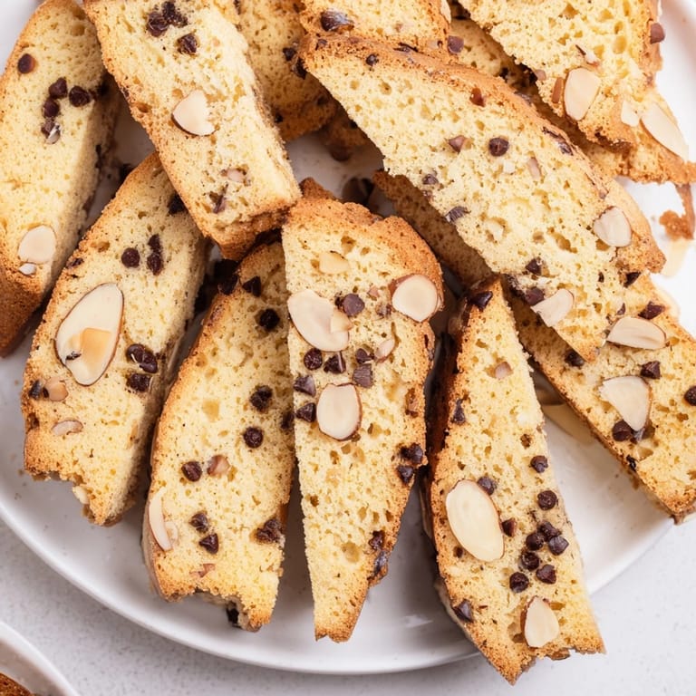 Warm soft sweet almond biscotti, with toasted almonds visible alongside a cup of coffee.