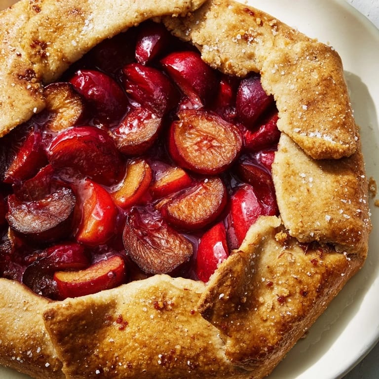 Close-up of a rustic Honey and Plum Galette, showing flaky crust and sweet, syrupy plums.