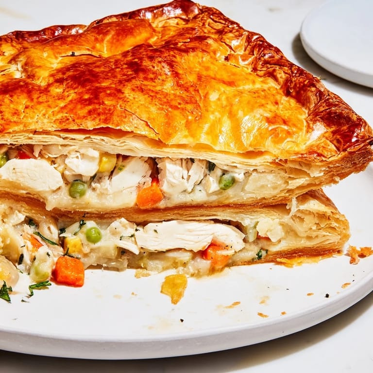 This warm, inviting photo shows a steaming slice of Laurel & Herb Chicken Pot Pie, ready to enjoy.