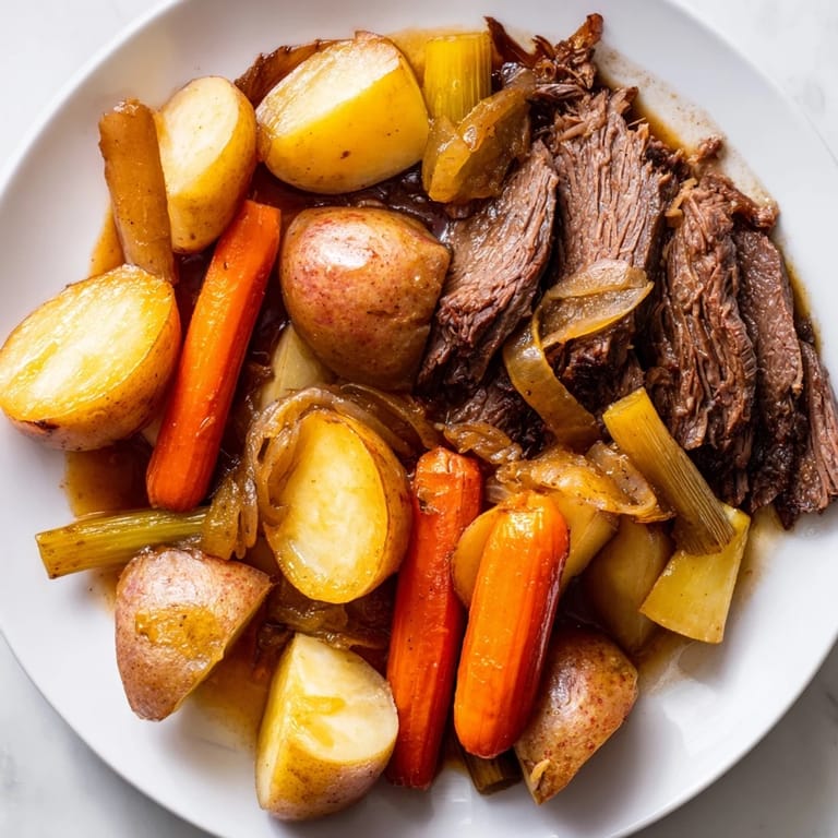 A close-up shot of a steaming Everyday Family Favorite Pot Roast with perfectly softened potatoes and carrots.