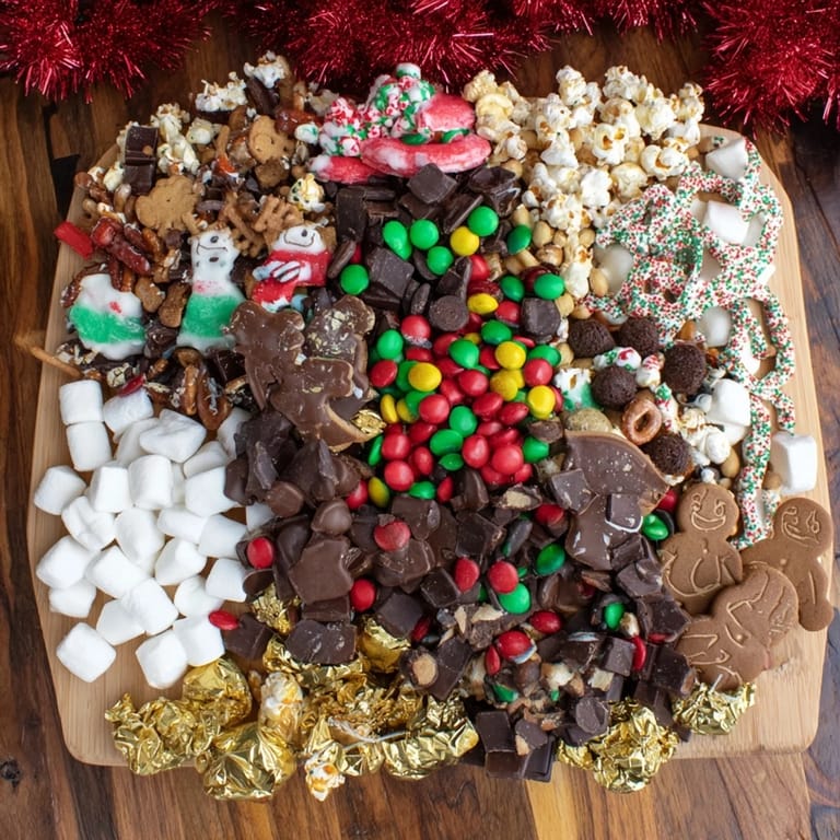 Vibrant Santa's Sack Candy Avalanche featuring chocolates, cookies, and treats; perfect for festive gatherings and snack time.