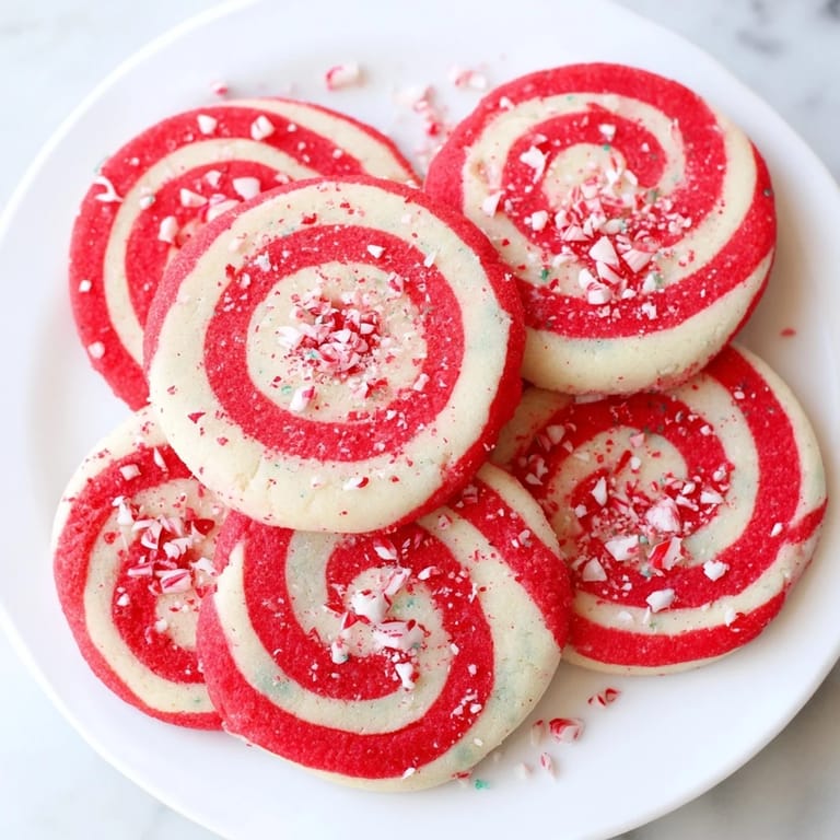Freshly baked Candy Cane Swirl Cookie Platter; a vibrant display of red and white peppermint cookies on a platter.