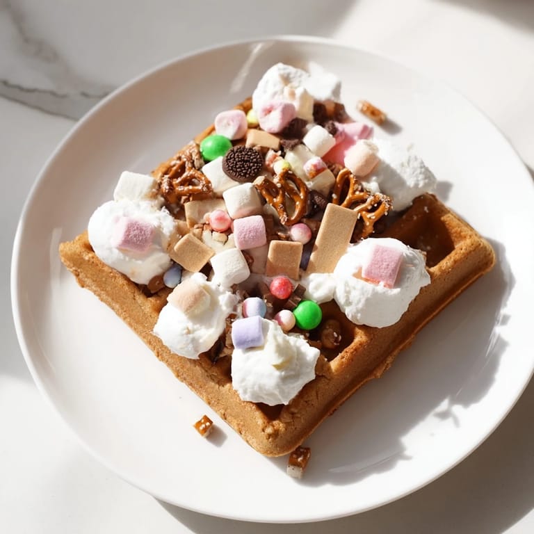 A beautifully arranged Gingerbread House Waffle Bar, ready to be decorated with festive treats and served.