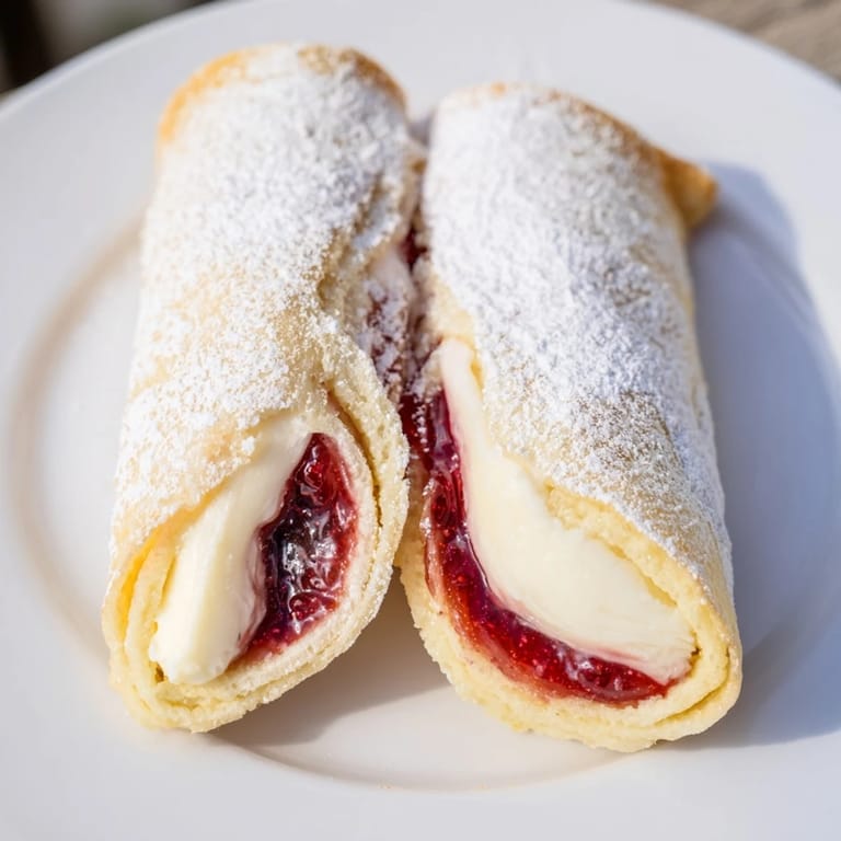 Enjoy these sweet Snow Angel Tortilla Wraps; soft tortillas filled with creamy cheese and jam, then cut and served.