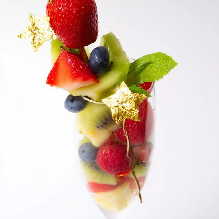 Delightful view of champagne flute fruit garnishes, ready to enhance any New Years celebration with style.