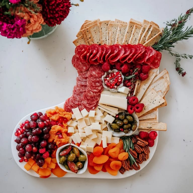 Vibrant Festive Stocking Charcuterie Board featuring an enticing array of meats, cheeses, and tasty accompaniments.