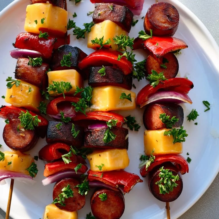Delicious savory skewers: chimney stack sausage and cheese with charred peppers and onions, a perfect appetizer.