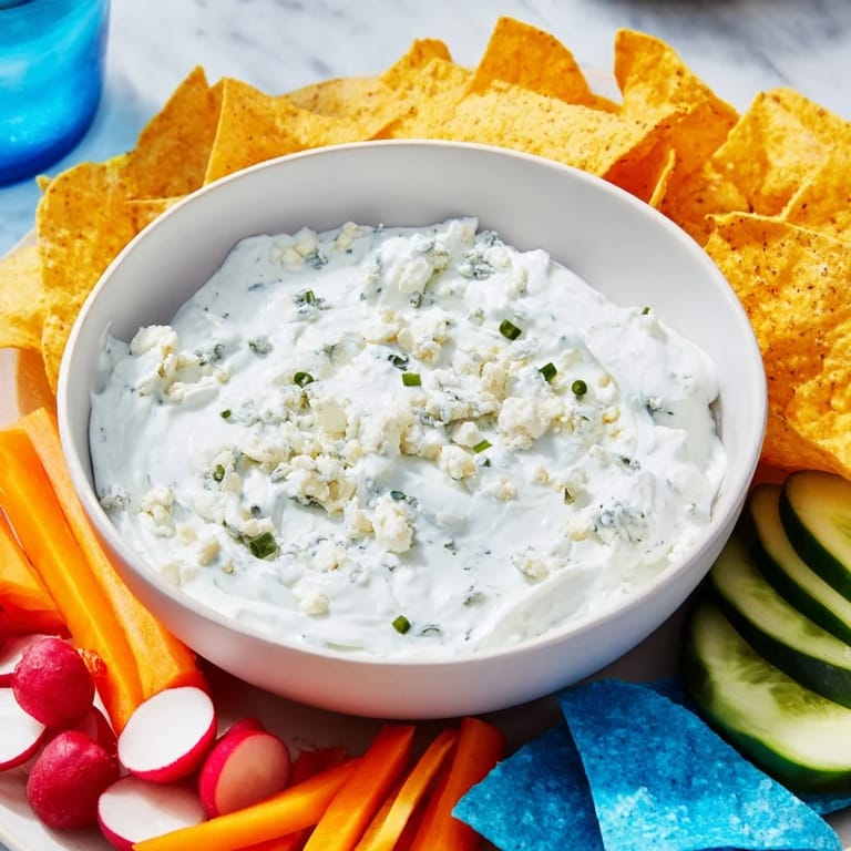 Party-ready Frozen Pond Blue Dip Platter with vibrant veggies and tortilla chips surrounding a blue cheese delight.
