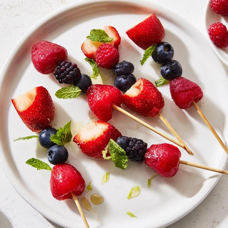 These delicious Fruit Skewers feature juicy strawberries, blueberries, and fragrant mint, a beautiful easy recipe.