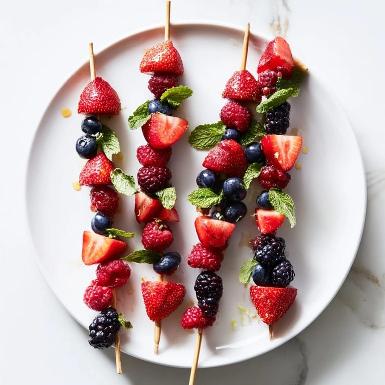 Enjoy the bright, colorful presentation of these healthy Fruit Skewers ready for a summer party, visually appealing.