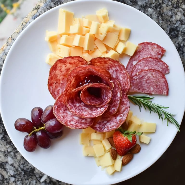 Enjoy the visually appealing Easy Charcuterie board, complete with brie, grapes, and a delicious salami rose.