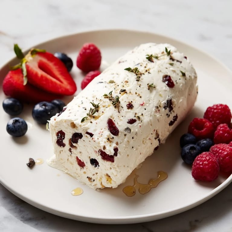 Picture a holiday appetizer: The cranberry & goat cheese log set among colorful fresh berries.
