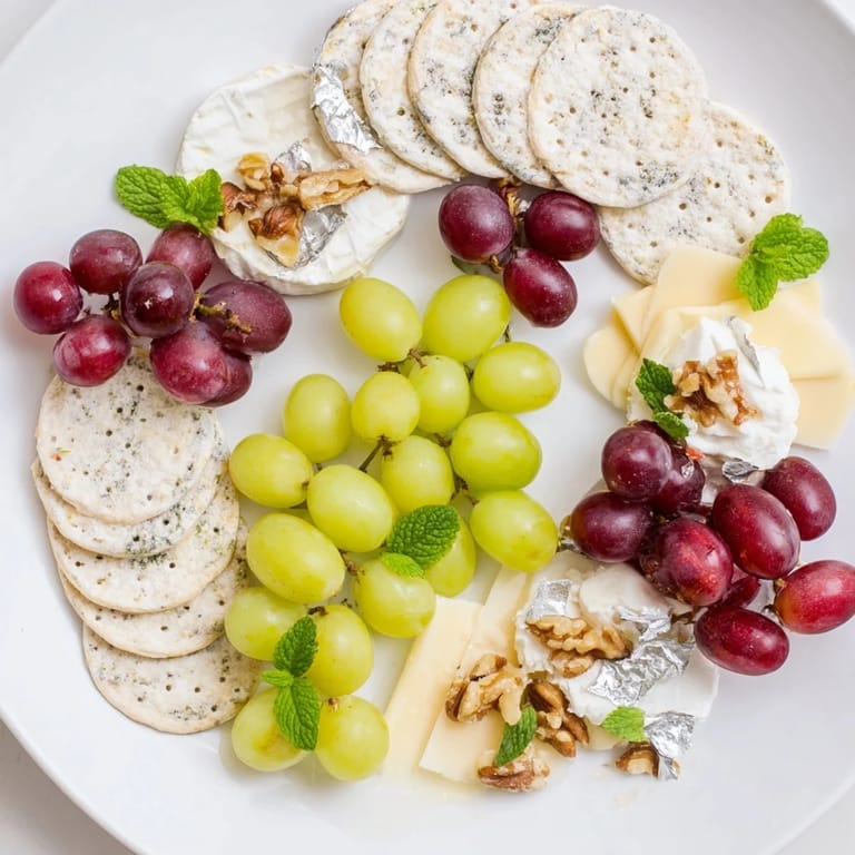 Delicious Sparkling Grape and Silver Cracker Platter visually detailed with cheese, crackers, and walnuts for a treat.