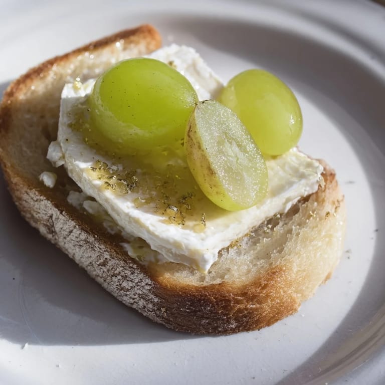 Bite-sized Sparkling Champagne Toast appetizers with shimmering gold, grapes and fresh chèvre, ready to enjoy.