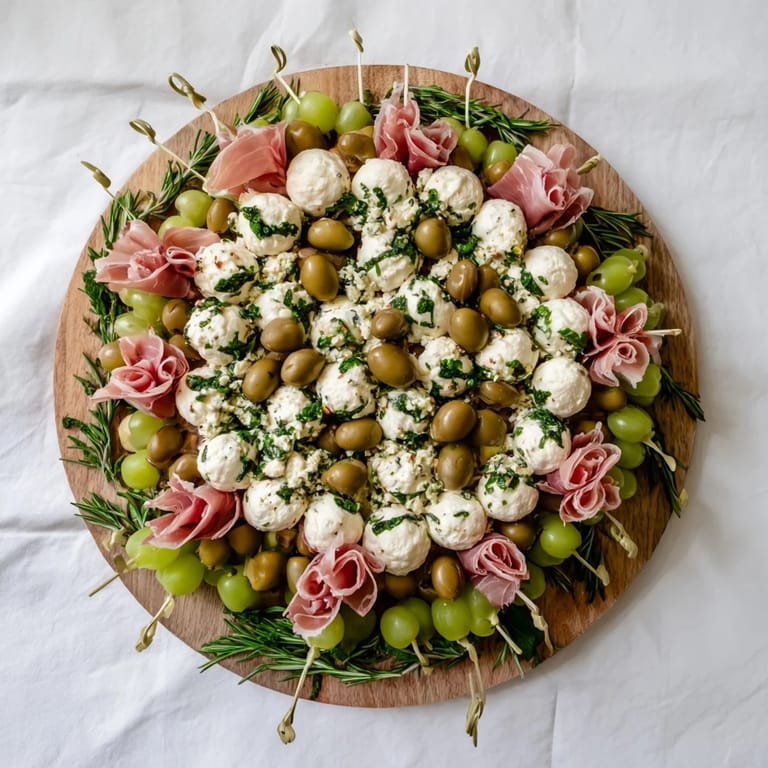 Fresh herbs and glistening grapes adorn a delicious homemade Mistletoe Kissing Ball, ready to serve.