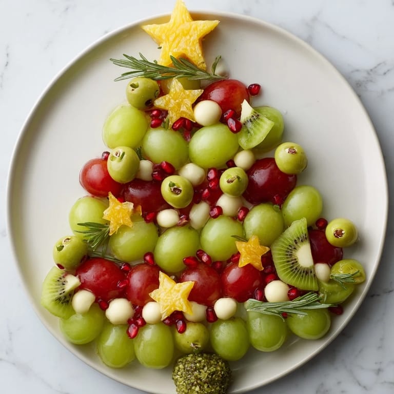 A vibrant Christmas Tree Triangle Board appetizer with colorful fruit and vegetables for a festive gathering.