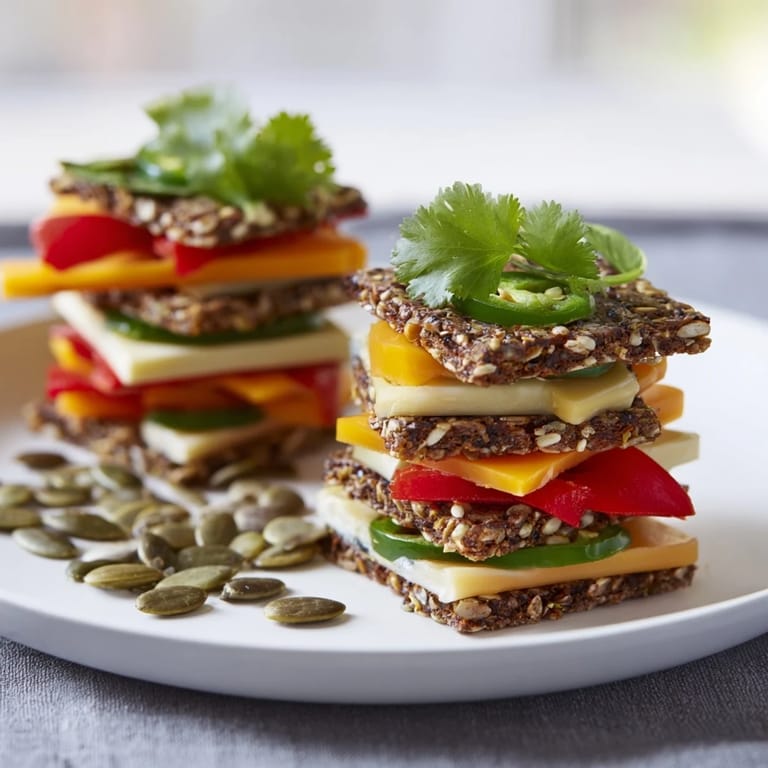 This Southwest Mesa appetizer showcases artisan cheeses layered on colorful crackers, ready to eat now.