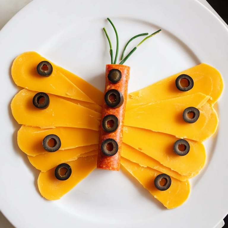 This colorful The Butterfly Migration appetizer features sliced olives creating delightful patterns on cheddar cheese.