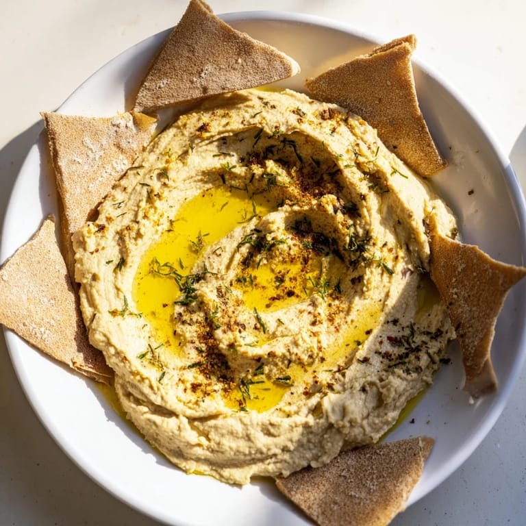 Golden, crisp pita chips surround a Sahara Dune appetizer with flavorful, creamy hummus.