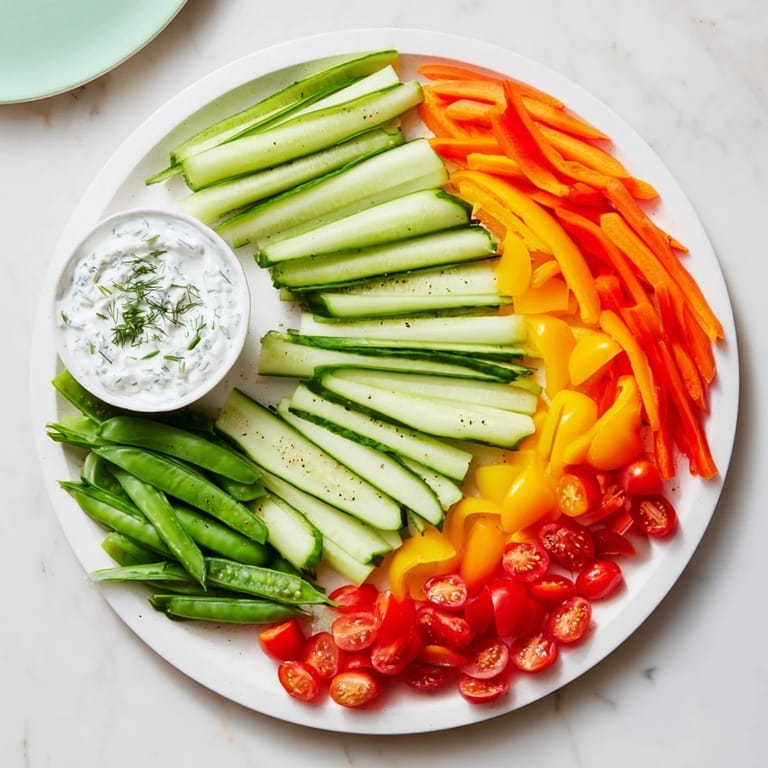 See a stunning Veggie Platter: crisp vegetables fanned out, ready to dip into herbed yogurt.