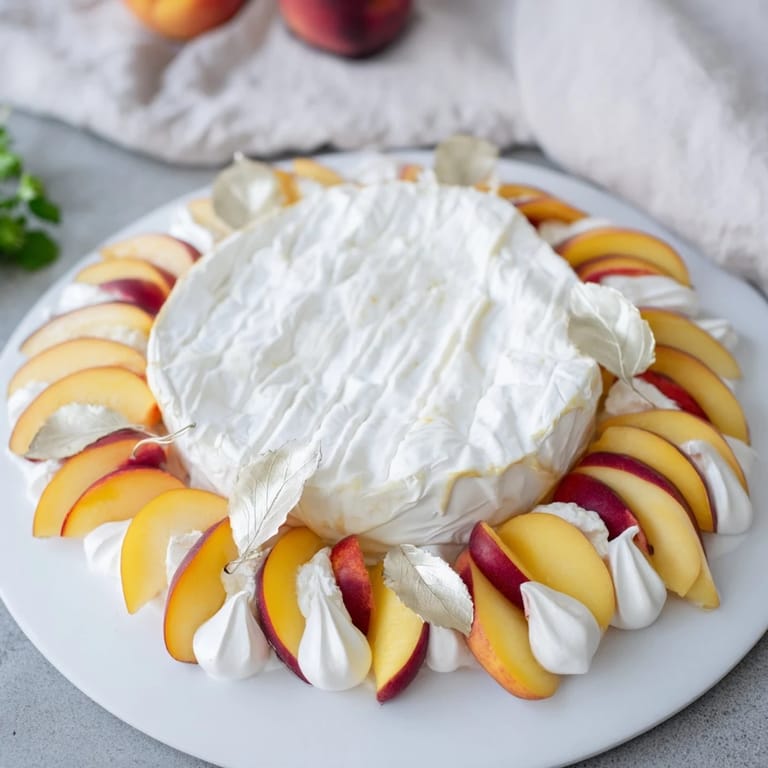 Elegant Pearly Gates cheese board with a starburst of ripe white peaches around a creamy brie wheel.