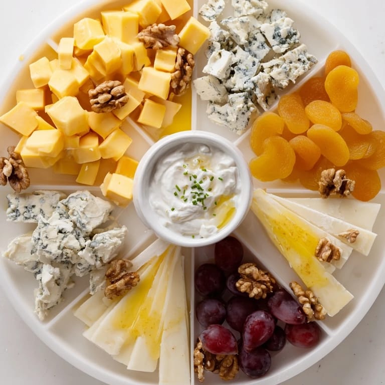 Enjoy the visually stunning Celtic Cross Cheese Platter with its creamy cheeses and a central yogurt dip.