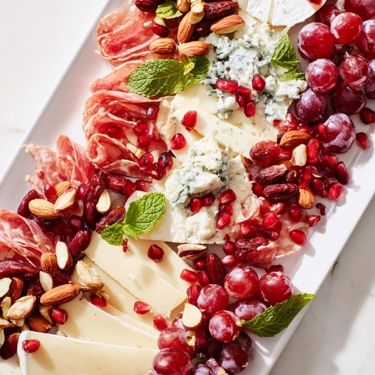 Imagine a beautiful Pomegranate Jewel Cascade, flowing with fresh fruit, salami, and a touch of sweetness.
