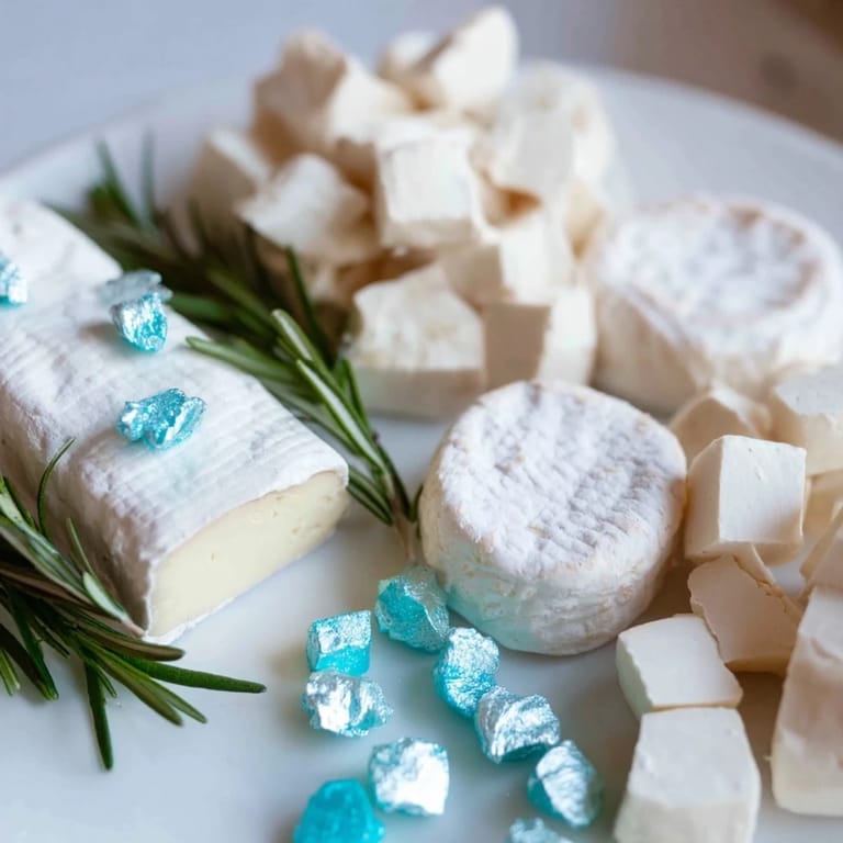 Appetizing Winter Wonderland Platter with white cheeses, silver accents, and sugared almonds for a festive gathering.