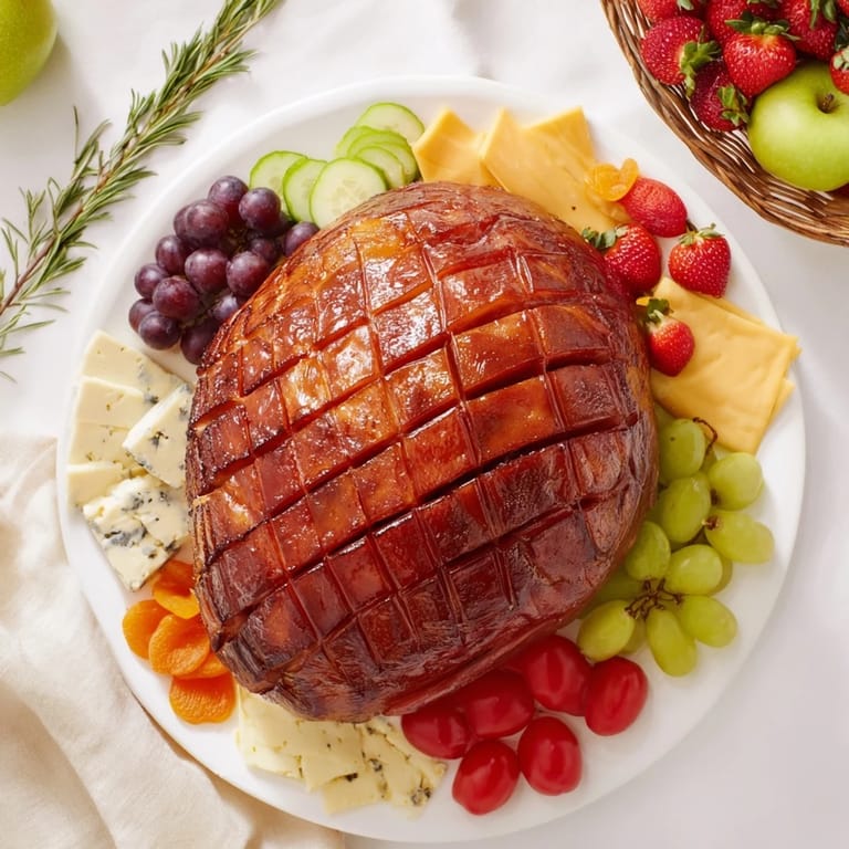 A festive overhead shot of the glazed ham centerpiece board, garnished with fresh herbs and bursting with delicious options.