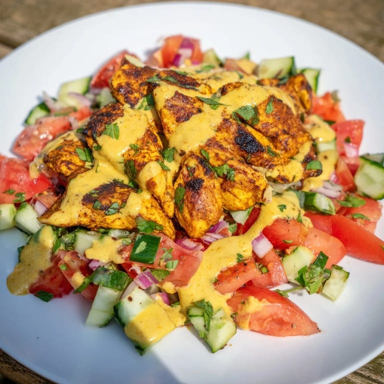 A plate of flavorful Chicken Shawarma Salad, showcasing the ingredients and ready to eat.