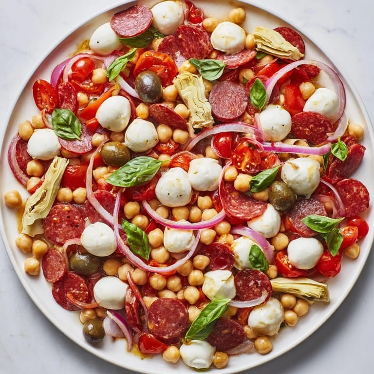 A delicious bowl of Antipasto Chickpea Salad with savory pepperoni and fresh basil, ready to enjoy.