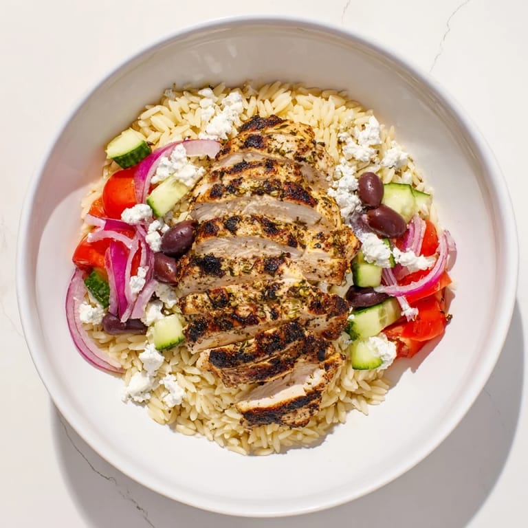 These Greek Chicken Gyro Pasta Bowls showcase grilled chicken alongside fresh veggies, creating a delicious Mediterranean meal.