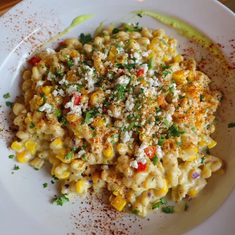 A close-up of a bubbling pot of Mexican street corn pasta, with visible creamy sauce.