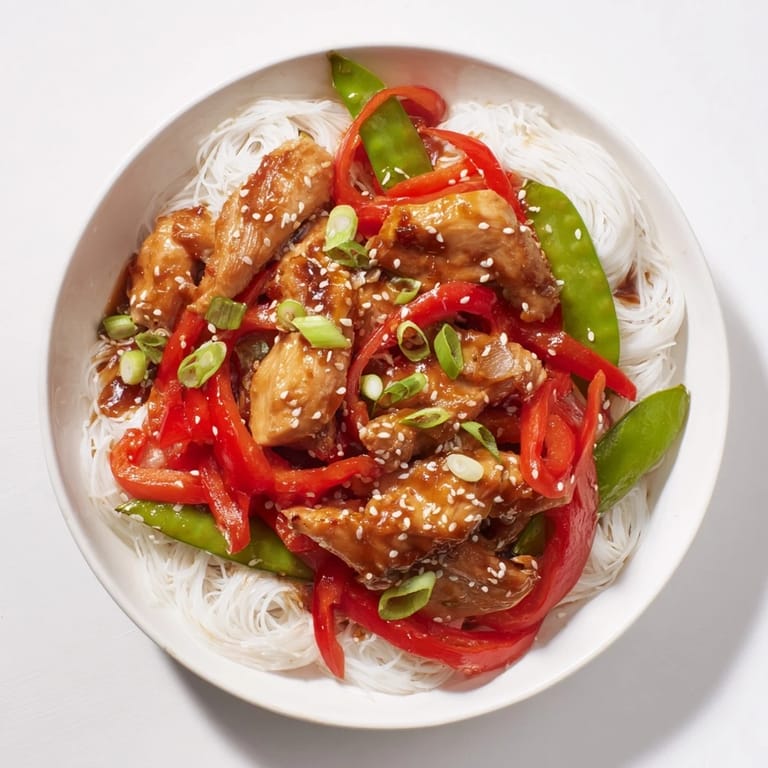 Flavorful Mongolian Chicken stir-fry featuring noodles, chicken pieces, plus colorful peppers, and topped with sesame seeds.