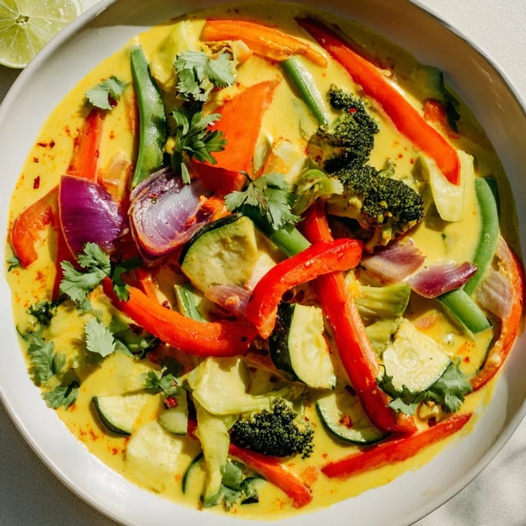 Vibrant image of coconut curry vegetables, showcasing colorful vegetables in creamy sauce, ready to serve.