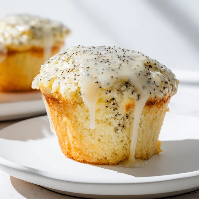 Warm, golden-topped Lemon Poppy Seed Muffins, fresh from the oven, releasing a zesty aroma.