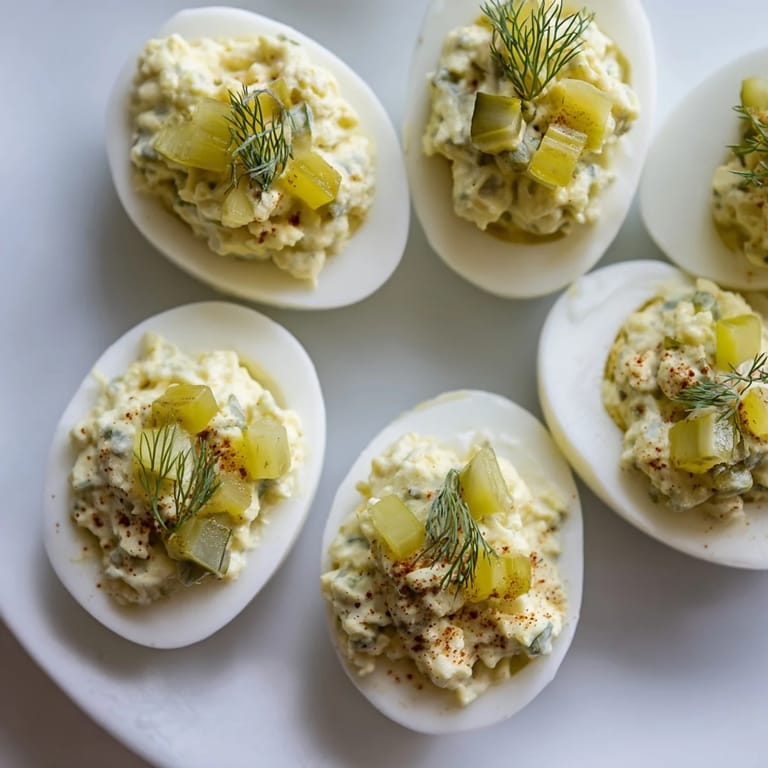 Vibrant image of Dill Pickle Deviled Eggs, showing the smooth filling and pickle garnish.
