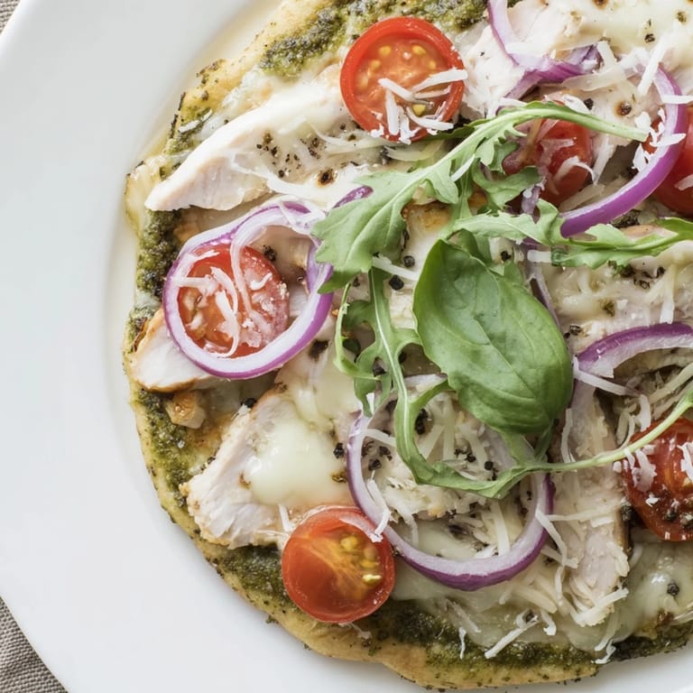 Fresh basil pesto coats the chicken and flatbread in this delicious Italian Pesto Chicken Flatbread.