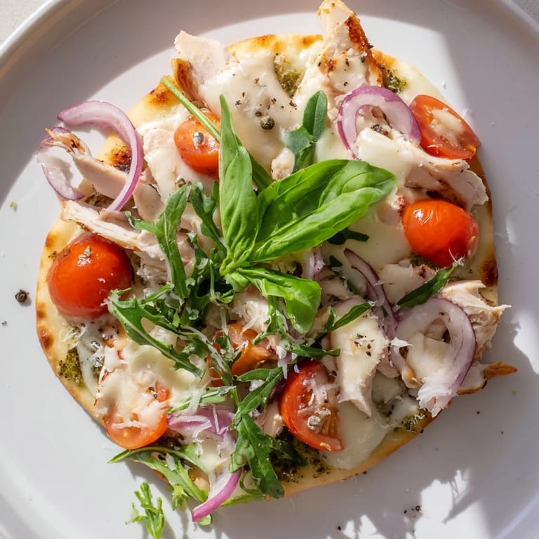 Crispy Pesto Chicken Flatbread, topped with fresh arugula; perfect for a quick and easy dinner.