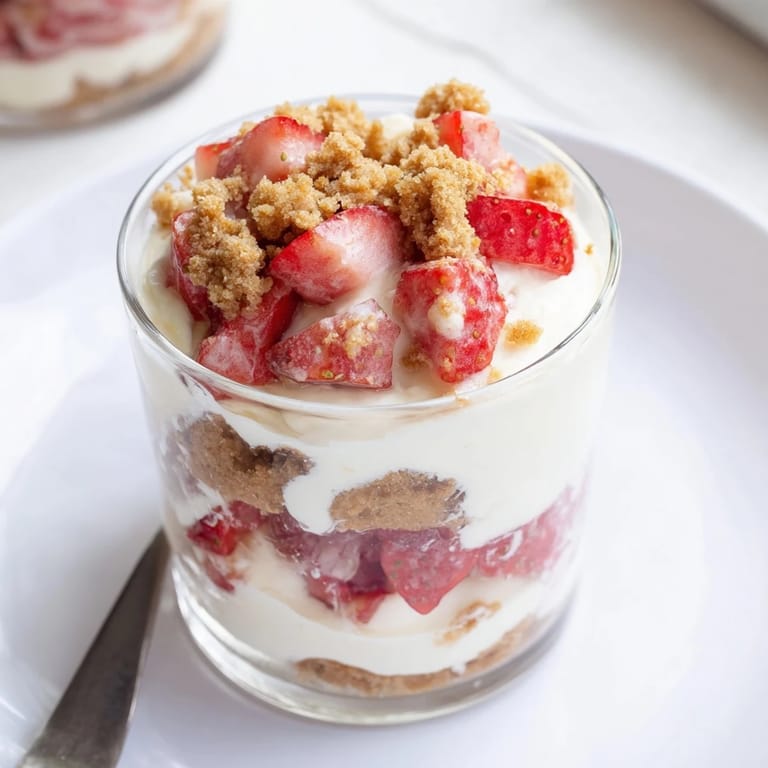 A close-up of a delightful Strawberry Cheesecake Parfait, perfectly layered with crunchy crumbs and juicy berries.