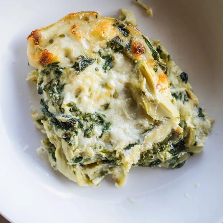 Close-up of creamy, baked Cheesy Spinach Artichoke Dip, a flavorful appetizer for sharing.