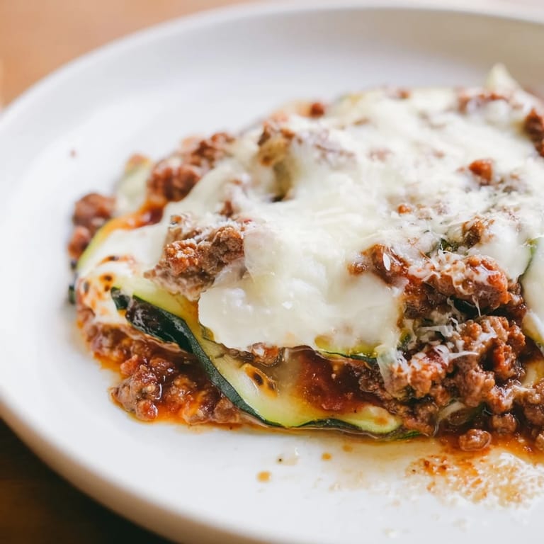 A bubbling, cheesy zucchini lasagna skillet presented with a flavorful, low-carb Italian dinner.